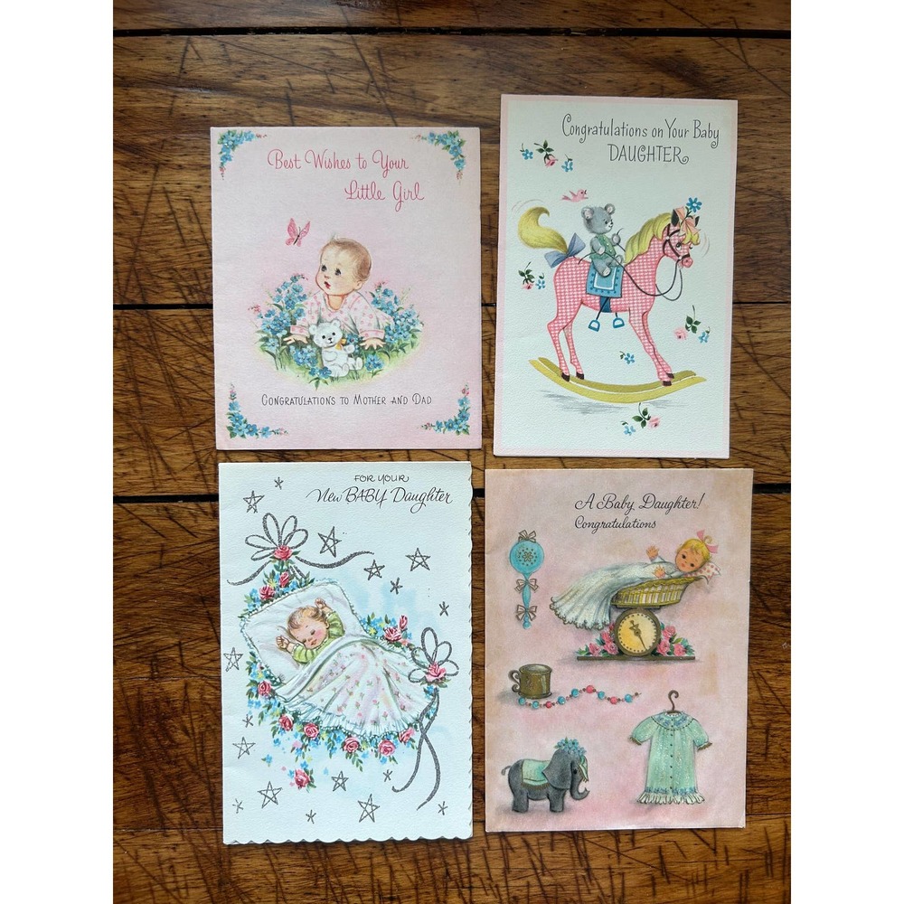 Lot of 4 'It's A Girl' Greeting Cards, Vintage Greeting Cards, New Daughter Card